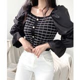 ブラック | チェック柄クロップドトップス パフスリーブ キャンディスリーブ | Riff