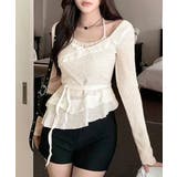 ライトベージュ | レイヤード風裾アシメフリルトップス シアーニット 重ね着風 | Riff