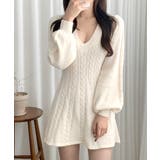 アイボリー | ケーブルニットミニワンピース セーター Vネック | Riff
