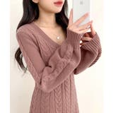 ピンク | ケーブルニットミニワンピース セーター Vネック | Riff