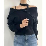 ブラック | [2点セット] アシメオフショルニット&チョーカー リボン | Riff