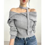 グレー | [2点セット] アシメオフショルニット&チョーカー リボン | Riff