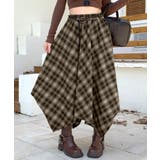 ブラウン | アシンメトリーチェック柄ロングスカート アシンメトリースカート フレアスカート | Riff