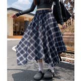 ネイビー | アシンメトリーチェック柄ロングスカート アシンメトリースカート フレアスカート | Riff