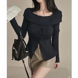 ブラック | オフショルリブニット 前ボタン オフショルダー | Riff