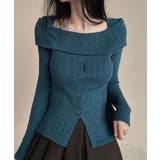 ダークブルー | オフショルリブニット 前ボタン オフショルダー | Riff