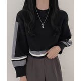 ブラック | 配色クルーネックニット ショート丈 バルーン袖 | Riff