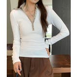 ホワイト | ポロ襟チェック柄切り替えトップス 衿付き Vネック | Riff