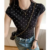 ブラック | ドット柄ショートスリーブTシャツ フレンチスリーブ Tシャツ | Riff