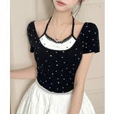ブラック | レイヤード風リボン柄Tシャツ カップ付き パッド付き | Riff