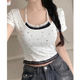 ホワイト | レイヤード風リボン柄Tシャツ カップ付き パッド付き | Riff