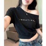 ブラック | ワンショルロゴプリントTシャツ 裾ボタン ワンショルダー | Riff