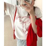 ホワイト | リボンプリントTシャツ プリントT クルーネック | Riff