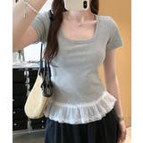 グレー | 裾レースUネックTシャツ カットソー プルオーバー | Riff