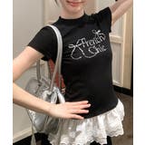 ラインストーンリボンデザイン裾レースTシャツ フリル ビジュー | Riff | 詳細画像2