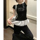 ラインストーンリボンデザイン裾レースTシャツ フリル ビジュー | Riff | 詳細画像6