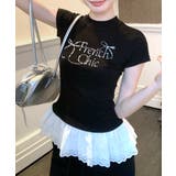 ブラック | ラインストーンリボンデザイン裾レースTシャツ フリル ビジュー | Riff