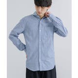 285.ネイビーxO/ホワイトST | 綿麻シャツ 長袖 ホリゾンタルカラー | Rocky Monroe