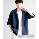ネイビー×ホワイト | 半袖セットアップ シャツジャケット ワイドパンツ | Rocky Monroe
