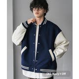 B.ネイビー×オフ | スタジャン ブルゾン 切替 | Rocky Monroe