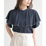 ネイビー | バンドカラー配色ケープブラウス | rps