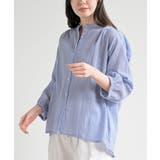 ブルー | シアー楊柳バンドカラー７分袖ブラウス | rps