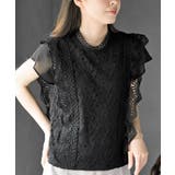 ブラック | プチハイネックフレンチスリーブレースブラウス | rps