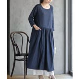 ネイビー | ウエスト切替７分袖デニムギャザーワンピース | rps