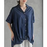 ネイビー | ＢＡＣＫレースアップ 裾タックブラウス | rps