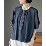 ネイビー | フロントタックバイカラーフレアー袖ブラウス | rps