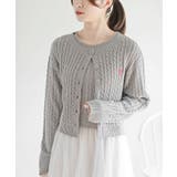 ライトグレー | リボン刺繍ケーブル編み長袖クルーネックニットカーディガン | rps