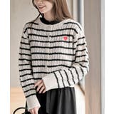 ボーダー | ハート刺繍ケーブルニットクルーネックカーディガン | rps