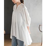 オフホワイト | バンドカラーコットンフレアーロングブラウス | rps