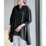 ブラック | バンドカラーコットンフレアーロングブラウス | rps