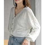 オフホワイト | リボンボタン透かし編みニットカーディガン | rps