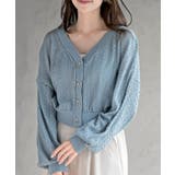 ブルー | リボンボタン透かし編みニットカーディガン | rps