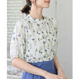 ブルー | 花柄プチハイネック７分袖ブラウス | rps