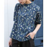 ネイビー | 花柄プチハイネック７分袖ブラウス | rps