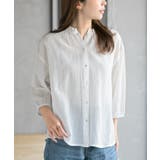 オフホワイト | フリルネック７分袖綿麻ブラウス | rps