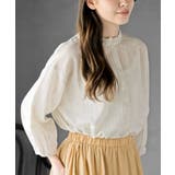 アイボリー | フリルネック７分袖綿麻ブラウス | rps