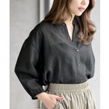 ブラック | フリルネック７分袖綿麻ブラウス | rps