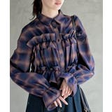 ネイビー | フリルリボンチェックキャンディ袖ブラウス | rps