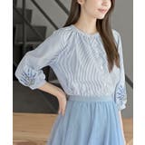 ブルー | 刺繍スリーブバンドカラー７分袖ブラウス | rps