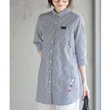 ネイビー | ねこだらけ３ポケット７分袖シャツチュニック | rps