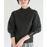 ブラック | 袖口パールフリルネックスポンジニットプルオーバー | rps