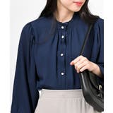 ネイビー | ボリューム袖フリルネックブラウス | rps