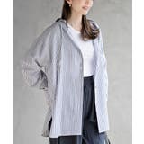 ネイビー | コットンシアーストライプフード付きブラウス | rps