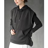 ブラック | 異素材切替タックギャザーフード付きベスト | rps