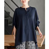 ネイビー | 袖タックバンドカラードルマンブラウス | rps