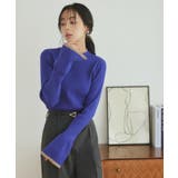 配色/ロイヤルブルー×モカ(2BUZ) | 選べるデザイン静電気防止フレアスリーブリブニット | RUIRUE BOUTIQUE